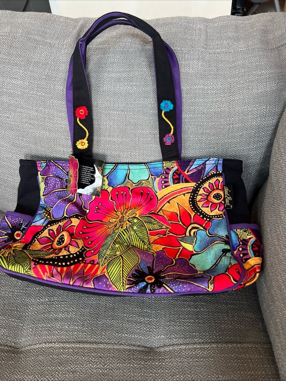Laurel Burch Handbag Floral Canvas Colorful Boho Beaded Travel Shoulder Bag